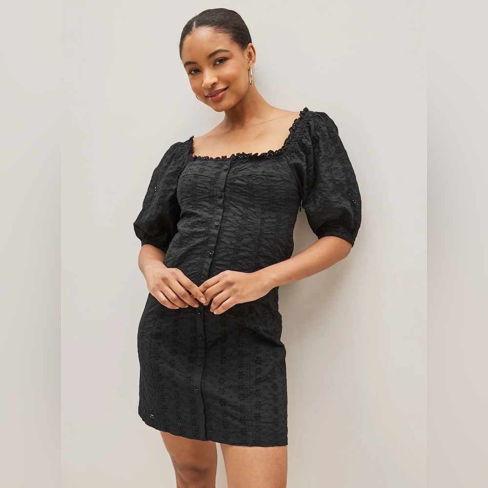 GAP Puff Sleeve Eyelet Mini Dress XXS black